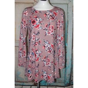 One The Land Womens Mauve Floral Top Round Neck L/S Tunic Mini Dress Size M